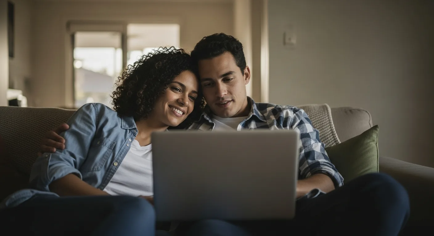 A couple in their late twenties or early thirties sitting on a couch together with a laptop between them in warm evening light