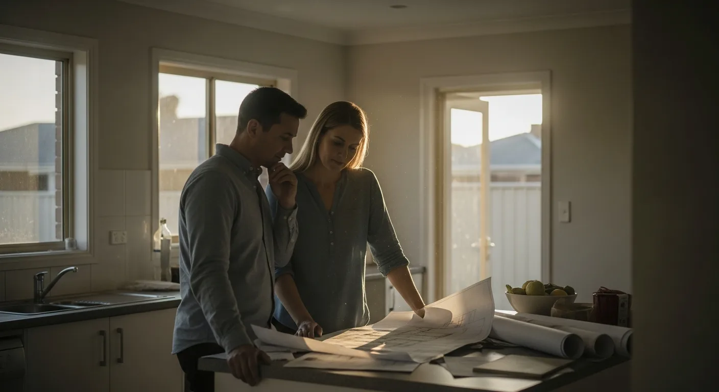 A couple in their forties standing in a partially-renovated kitchen reviewing architectural plans in late afternoon light