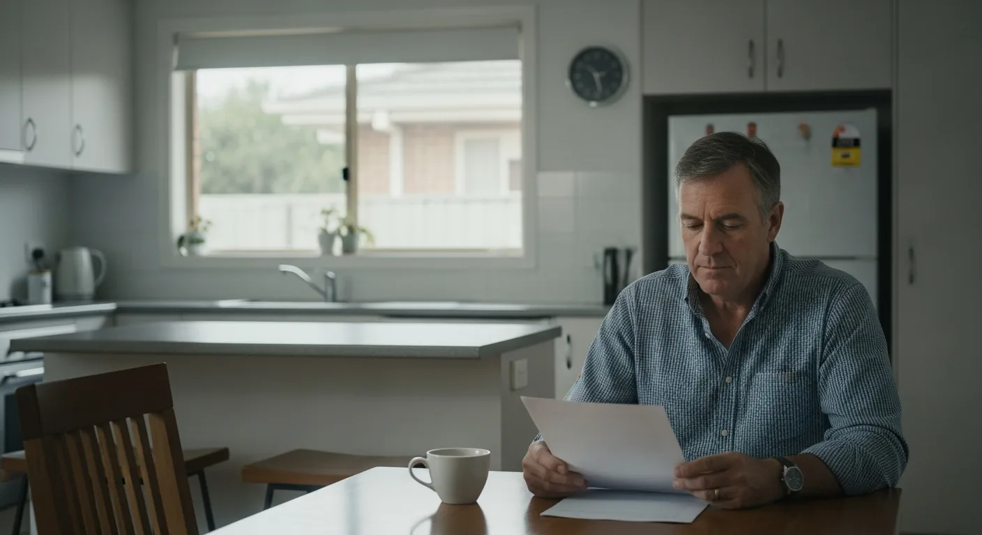 A man in his fifties reviewing a single sheet of paper at a kitchen table in morning light