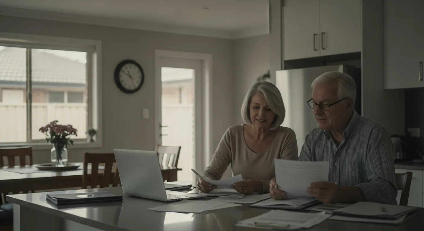 A couple in their mid-sixties sitting together at a kitchen island reviewing paperwork in soft afternoon light