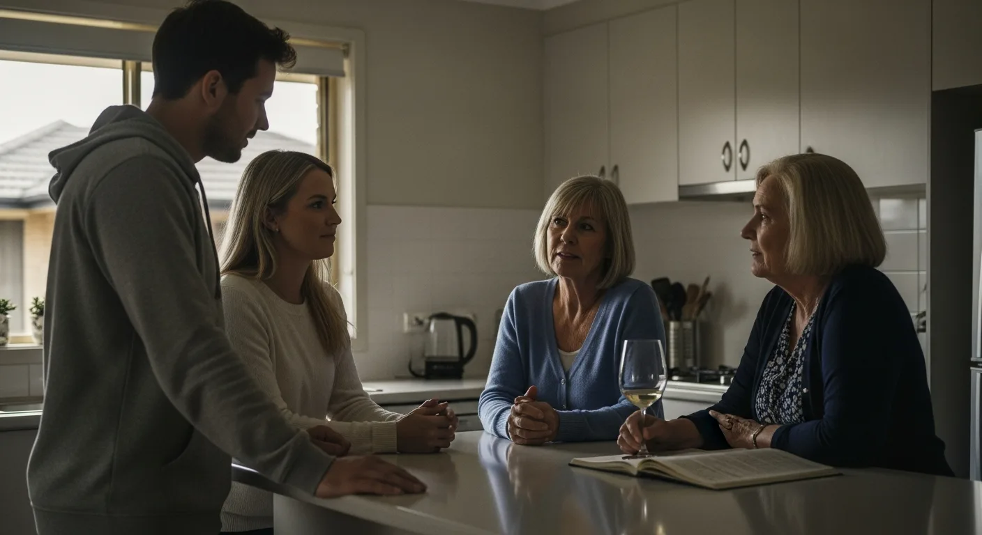 An adult couple in their early thirties talking with their parents in their sixties at a kitchen island in soft afternoon light