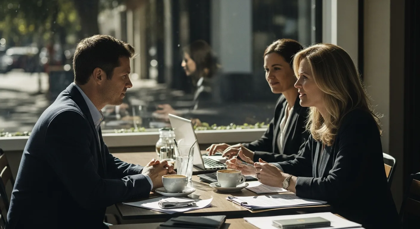 A couple in their forties sitting at an outdoor cafe table in afternoon light, mid-conversation with a mortgage broker visible from behind