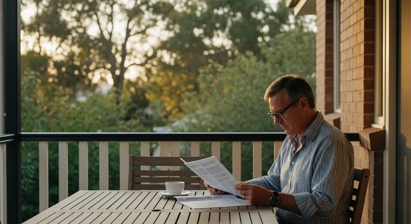 A man in his fifties reading a document at an outdoor verandah table in late afternoon light